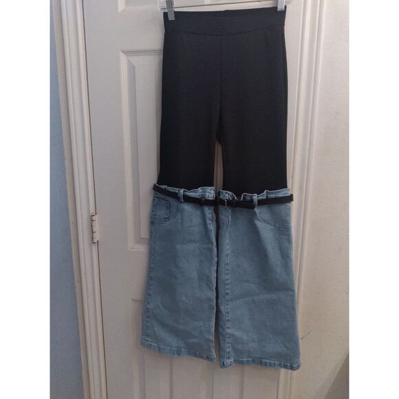 Unique Two-Tone Denim & Legging Hybrid Pants Light Blue & Black‎ Statement Piece - Picture 4 of 5